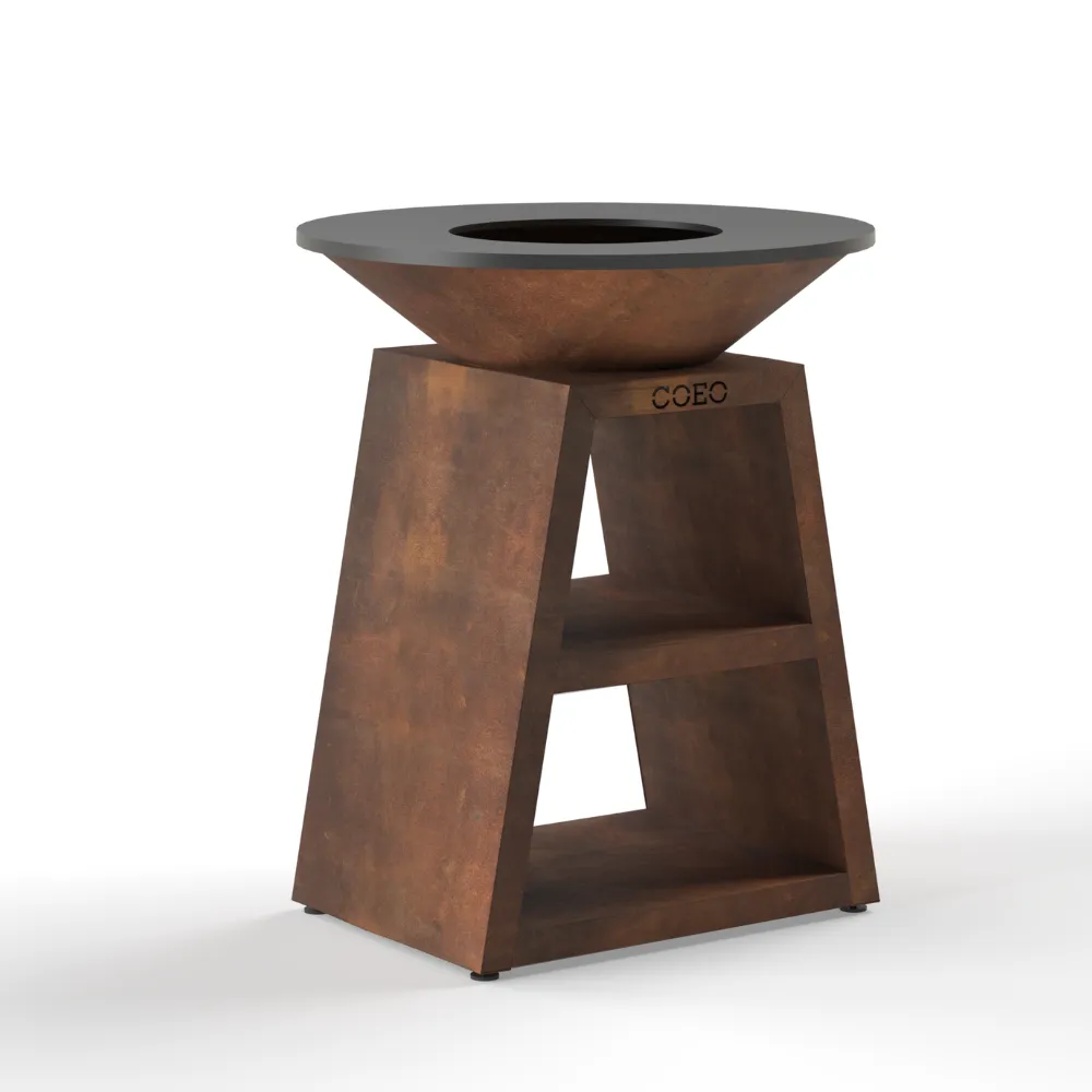 Brasero 3 en 1 COEO TRIO82 en acier Corten avec plancha circulaire et rangement à bûches